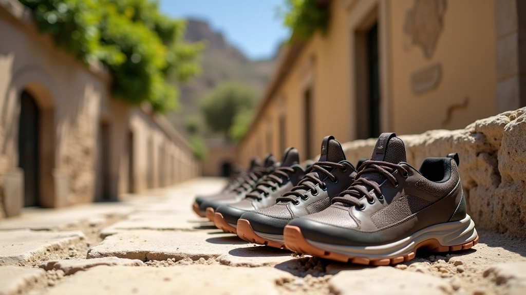 Variedad de zapatos deportivos y de senderismo colocados en una fila sobre piedra antigua, mostrando diferentes opciones de calzado adecuado