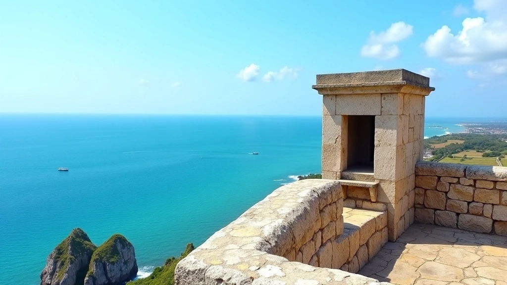 Detalle de garita colonial con vista al océano