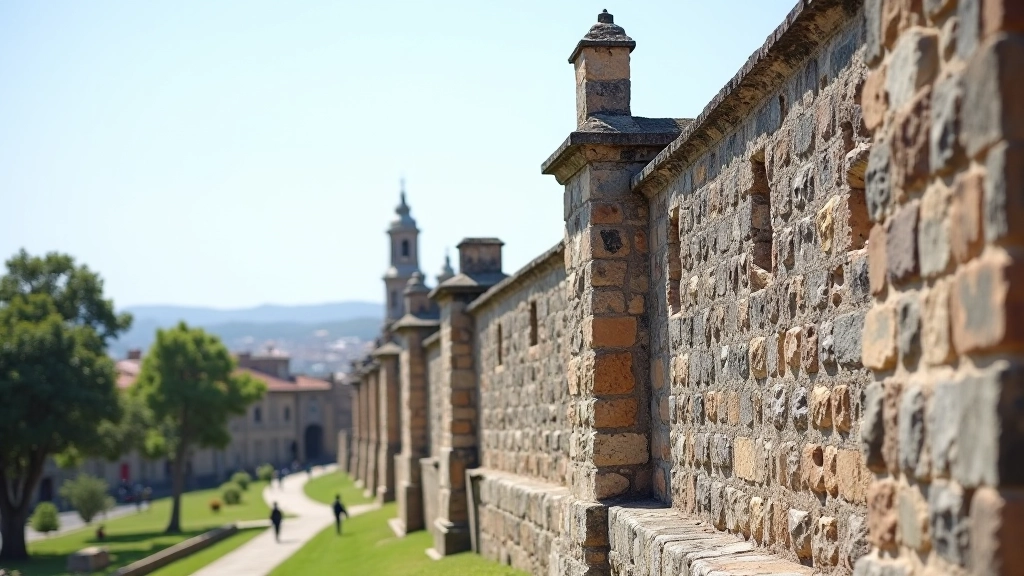 Muralla de piedra histórica del castillo con múltiples garitas espaciadas estratégicamente a lo largo del perímetro defensivo