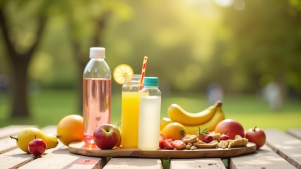 Botella de agua reutilizable con frutas frescas y snacks saludables dispuestos en una mesa de picnic, bajo luz natural