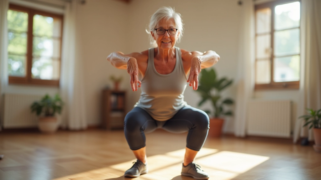 Persona mayor realizando ejercicio de fortalecimiento de piernas en una sala bien iluminada con colchoneta de ejercicio